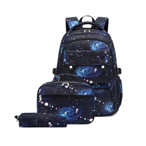 Mildame Galaxy Backpack for Boys with Lunch Box Set, 3Pcs Boys Bookbag for Elementary, 3 in 1 Teens Space Printed School Bag