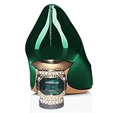 FSJ Women Bridal Pointed Toe Chunky Block Low Heel Crystal Pumps Slip on Wedding Thick Comfort Shoes Size 8 Dark Green-Patent