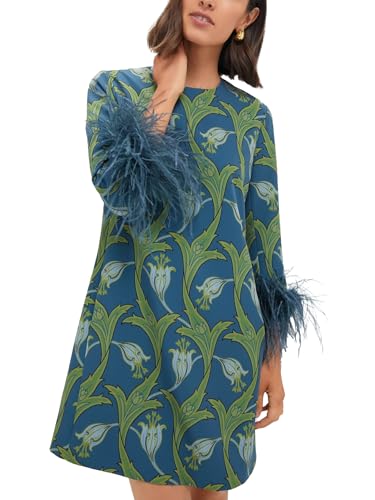 D-Sun Women Feather Dress Round Neck Casual 3/4 Feather Sleeves Party Dress Elegant Wedding Guest Cocktail Mini Dresses Dark Blue