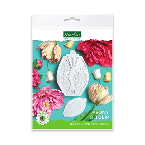 Flower Pro Peony & Tulip Silicone Mold & Veiner Set For Cake Decorating & Clay Crafts by Katy Sue Molds & Flower Pro Molds. Makes Peony & Tulip Petals, Centre, Buds, Stamen & Stigma