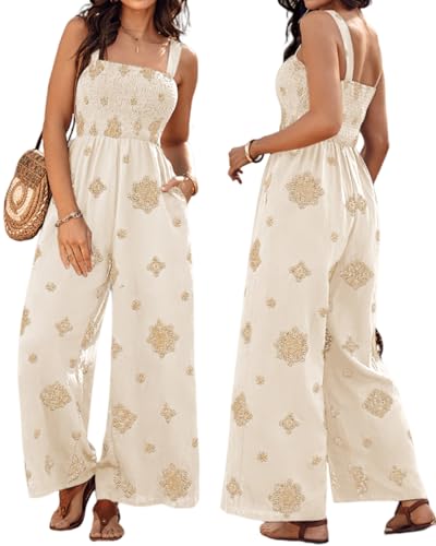 CHICME Women's Casual Loose Overalls Bohemian Embroidered Wide Leg Jumpsuit with Square Neck and Pockets-Ap-XL