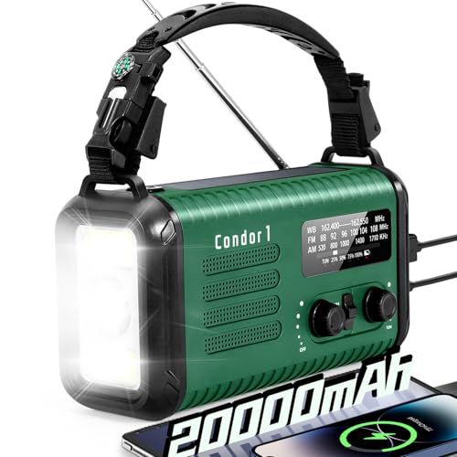 Emergency Crank Radio, 20000mAh / 74000mWh Weather Radio, Solar Hand Crank Radio with NOAA/AM/FM, Battery Powered Radio with Cell Phone Charger, Reading Lamp, Flashlight & SOS for Emergencies/Home