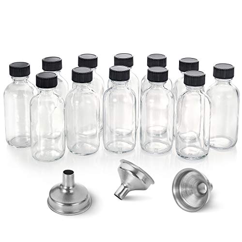 AOZITA 12 Pack, 2 oz Small Clear Glass Bottles w/Lid & 3 Funnels - 60ml Boston Shot Bottles for Health, Immunity, Potion, Wellness, Sample, Ginger, Juice - Mini Personal Care & Beauty Travel Bottle