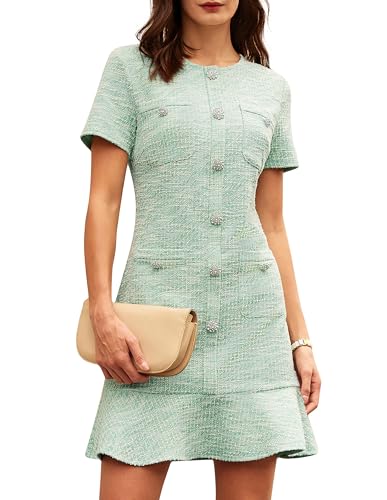 GRACE KARIN Womens Bodycon Dresses 2025 Tweed Casual Ruffle Button Dresses Short Sleeve Elegant Dressy Summer Work Dress Light Green 6