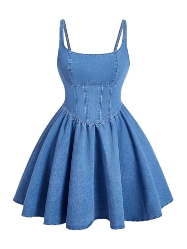 WDIRARA Women's Casual Square Neck Denim Dress Ruffle Hem A Line Mini Dress Blue Small