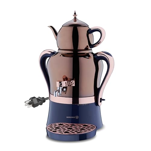 Korkmaz Hanedan A843-05 Stainless Steel Samovar, Upper Pot 1.3 L (43.9 Oz), Bottom Pot 3.5 L (118.3 Oz) Electric Turkish Tea Maker Set, Double Pots Tea Machine, Rosegold, 110 V US Plug, 5.1- Quart