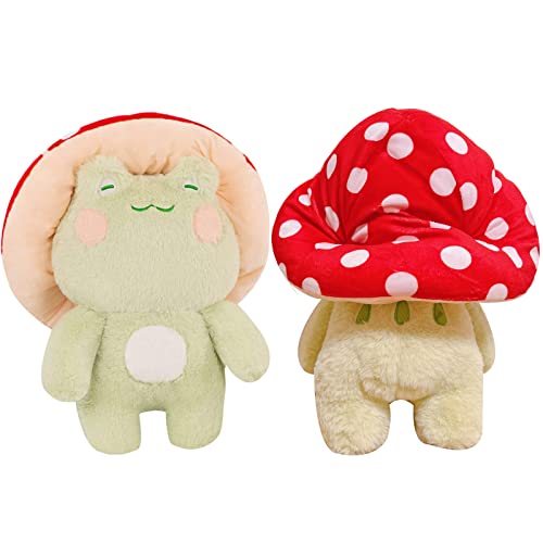 XSHYE Frog Plush Cute Frog Mushroom Hat Stuffed Animals Kawaii Plush Toys Throw Pillow Home Room Decor Aesthetic Gift(Light Green Frog Red Hat)