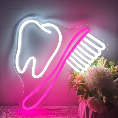 Tooth Neon Sign, Toothbrush Neon Signs for Wall Decor, Dental Business Sign, Washroom Wall LED Lights Suitable for Dental Clinics Open Neon Sign 12.75″ × 11.42″
