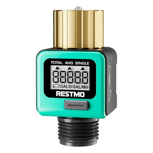 RESTMO Water Flow Meter with Brass Inlet Metal Thread, Measure Gallon/Liter Consumption and Flow Rate for Outdoor Garden Hose Watering, RV Water Tank Filling, Lawn Sprinkler and Nozzle Sprayer