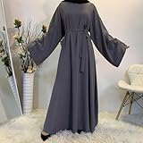 Kaftan Abayas for Women Muslim Dress Dubai One-Piece Full Cover Ethnic Eid Dress Elegant Belted Pleated Long Dress Muslim Clothes for Men Ramadan Mosque Dress for Women Moroccan Jalaba Men Dark Gray