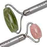 GEM PWR Rose Quartz + Jade Roller for Face and Neck Massage, Dual Gemstones with Durable Steel Handle and Travel Bag. Minimize Wrinkles, Reduce Puffiness and Restore Skin's Elasticity and Radiance