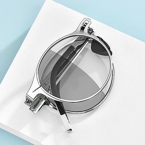 SFIVE Reading Glasses Folding Photochromic Sunglasses Driving Photosensitive Glasses Round Portable 1.0 1.5 2.0 2.5 3.0 (Color : Silver, Size : +2.5)