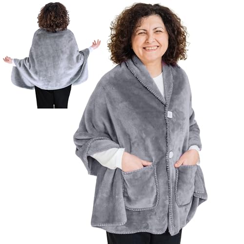 EzrAllora Fleece Poncho Blanket -Drape and Go No Sleeves- Lightweight Warm Wrap Shawl - Wearable Blanket - Lap Blanket - Gift for Grandma and Mom (100% Fleece, Silver Grey)
