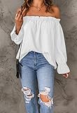 Spriolim Off Shoulder Shirts for Women Chiffon Ruffle Long Sleeve Casual Blouse Sexy Elegant Tops White, Medium