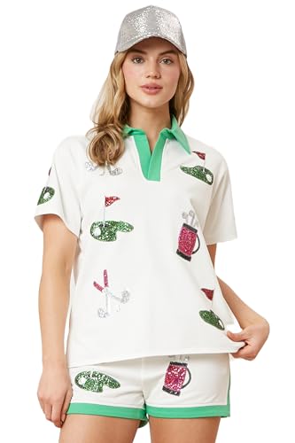 Women's Golf Sequin Polo Set, Short Sleeve Top and Shorts, White with Pink and Green Trim (GREEN, Medium)