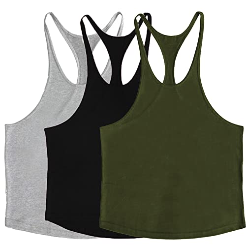ZUEVI Men's 3 Pack Stringer Tank Tops Muscule Cut Bodybuilding Gym Vest Y-Back Workout Sleeveless T-Shirt (Black&Grey&Army Green-L)