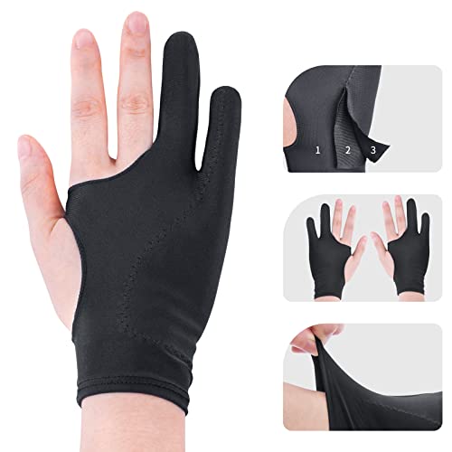 Artist Drawing Glove 3-Layer Palm Rejection [2 Pack Black] Right Left Hand Digital Art Graphic Tablet iPad Gloves Two Finger Smooth Elasticity Breathable for Stylus Pen Pencil Sketching Painting