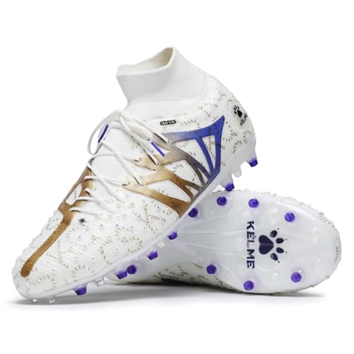 KELME Flash Lightweight Soccer Cleats Men High Top Traction Boost Soccer Shoes Sneaker Outdoor Football Boots Adult MG White Gold, 10