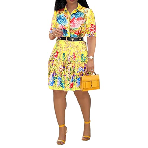 VERWIN Lapel Three-Quarter Sleeve Knee Length Pleated Floral Women's Sheath Dress XL