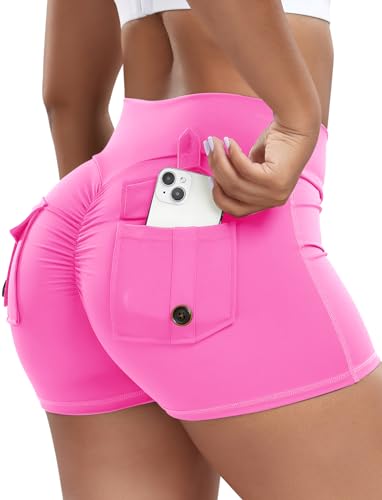 SEASUM Booty Shorts for Women Sexy Scrunch Butt Workout Cargo Shorts V Waist Yoga Butt Lifting Gym Bottoms Pink L