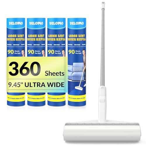 Large Lint Roller - 9.45 in Giant Lint Roller Refill 360 Sheets Total, 45 in Telescopic Pole to Clean Without Bending Down, Sticky Rollers for Floor Cleaning Carpets, Cars, Clothing, Pet Hair