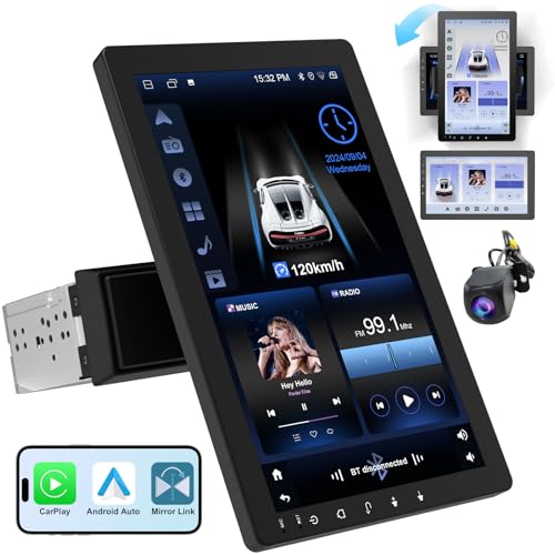 10.1" Rotatable Touch Screen Car Stereo Single Din - Android 13, Wireless CarPlay/Android Auto, 4-Core CPU, 2GB+32GB, GPS Navigation, Hi-Fi Sound, Bluetooth 4.2, AHD Backup Camera (Vertical Fit)