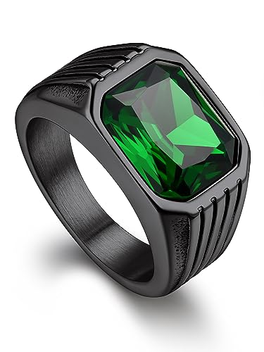 Bandmax Men Black Signet Rings Size 12 Stainless Steel Emerald Ring Green Cubic Zirconia May Birthstone Ring Wedding Ring Statement Ring Biker Ring