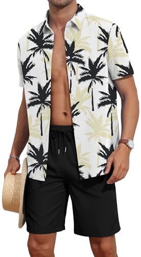 YTD Men's 2 Piece Outfits Tropical Print Short Sleeve Button Down Hawaiian Shirt and Solid Beach Shorts Set XL Black White Tropical