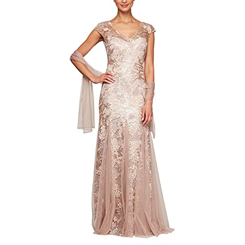 Alex Evenings Women's Long Fit and Flare Mother of The Bride Dress with Godet Detail (Petite and Regular Sizes), Rose Gold, 14P