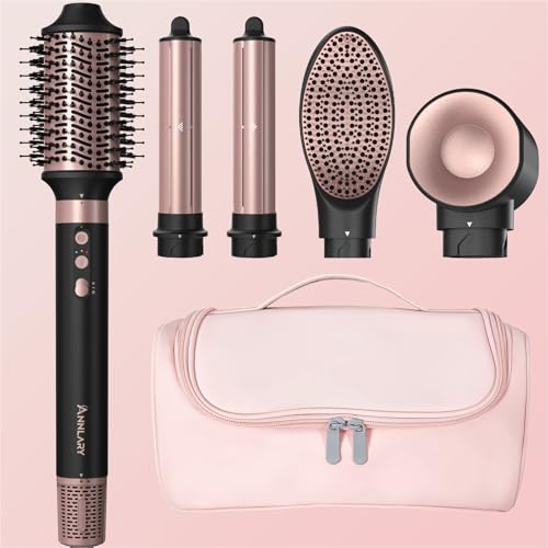 Annlary 5 in 1 Ionic Hot Air Styler, 1400W Powerful Hair Dryer Brush, Auto-Wrap Curlers, Paddle Brush for Fast Drying, Curling, Straightening, Volumizing with Travel & Storage Bag