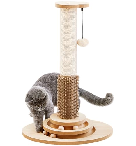 Made4Pets 23" Tall Sisal Cat Scratcher Post with Self Groomer, 4-in-1 Interactive Trackball Toys, Vertical Climbing Tree with Dangling Balls
