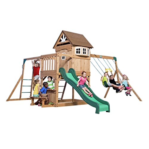 Backyard Discovery Montpelier Cedar Wood Swing Set with Wave Slide,Clubhouse, Monkey Bars, Picnic Area, Snack Bar, Belt Swings, Trapeze, Balcony, Playhouse, Working Door, Ladder, Outdoor Playset