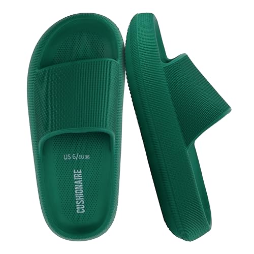 CUSHIONAIRE Feather EVA Slides for Women – Comfortable Slip On Womens Slippers, Indoor Outdoor Shower Shoes, Beach Essential Cloud Slides, EMERALD 7
