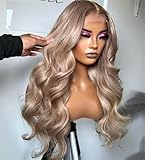 Rina 200% Density Milk Tea Ash Blonde Lace Front Wig Human Hair Upgrades Body Wave Platinum Grey Balayage Lace Front Wig More Full and Thicker 13x4 HD Invisible Frontal Wig for Women 26 Inch