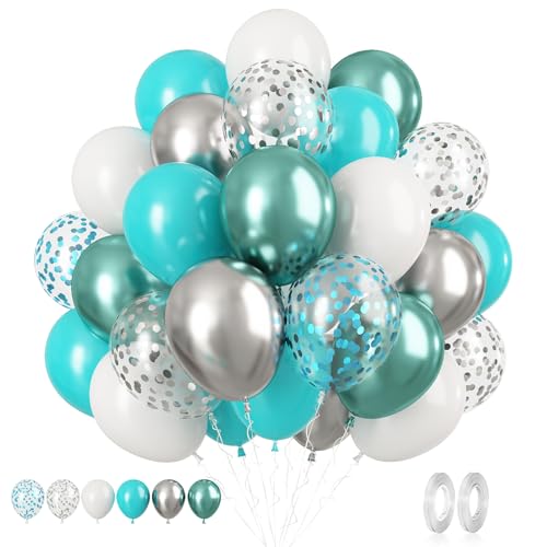 Teal White Balloon Set, 60PCS Tiffany Blue Silver Birthday Balloons, 12 Inch Teal Green Latex Balloon Turquoise Metallic Silver Confetti Balloons for Birthday Party Baby Shower Wedding Decorations
