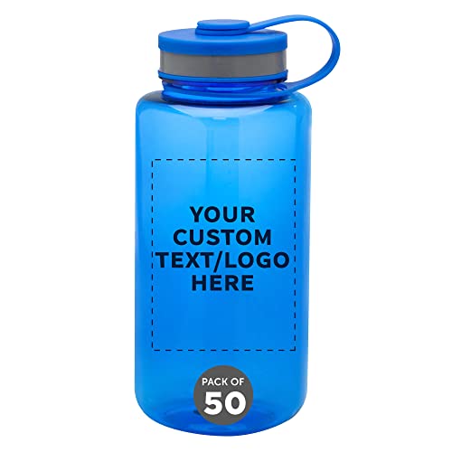 DISCOUNT PROMOS Custom Plastic Sports Water Bottles with Flip Lid 38 oz. Set of 50, Personalized Bulk Pack - Great for Gym, Hiking, Cycling, Camping, Backpacking, School - Blue