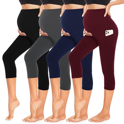 4 Pack Women's Capri Maternity Leggings with Pockets Over The Belly Butt Lift - Soft Workout Pregnancy Yoga Pants