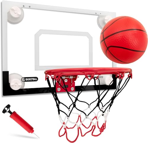 BOHEN Indoor Mini Basketball Hoops with Powerful Suction Cup, Stick to Windows, Wooden Doors, Smooth Walls - Basketball Backboard Toy Indoor Bedroom Office for Kids Teens Adults (Clear No Scorer)