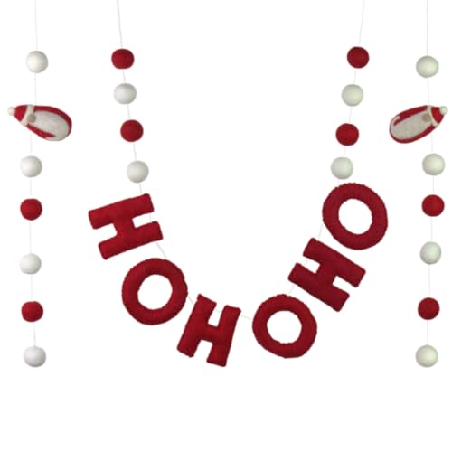 Christmas Felt Garland- Santa Claus HOHOHO- 6 ft String, 28 Shapes- Red & White- 1" Balls, 3.25" Santas, 3" Letters-Fireplace Mantle Banner, Handmade Gift, Holiday Winter Home Decor