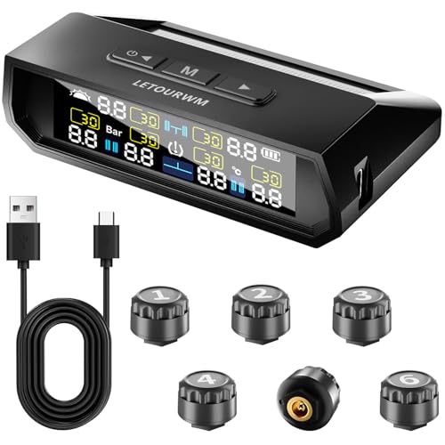 RV Tire Pressure Monitoring System -TPMS 2025 Upgrade Tire Pressure Monitor with 6 Sensors,Solar Charge & USB Type-C Color LCD Display, 0-9.9BAR/144PSI Range, 6 Alarm Modes for RV/Trailer/Truck IP68
