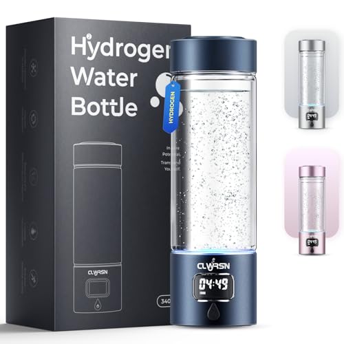 Hydrogen Water Bottle, Rechargeable with Countdown Timer & Battery Level Display, 5000 PPB, 11.5 Oz Capacity, Aluminum & Glass, Portable Hydrogen Water Bottle Generator for Office, Home, Outdoor(Blue)