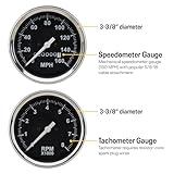 6-Gauge Vehicle Instrument Kit: Black Face, 3-3/8" Mechanical Speedometer & Tachometer, 2-1/16" Fuel, Temp, Oil & Volt Gauges, Stainless-Steel Bezel, Incandescent Lighting, Easy Installation