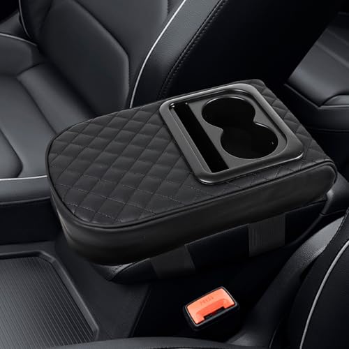 Hbxdeco Car Center Console Cover, 13.78"×8.86" Leather Car Armrest Cover with Cup Holder & Phone Slot, Soft Auto Armrest Cushion Pillow, Universal Arm Rest Protector Car Accessories