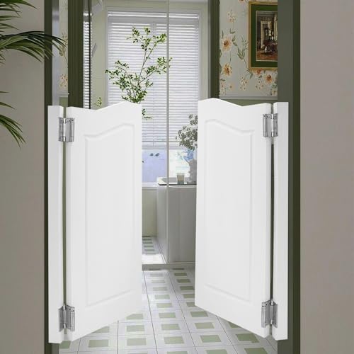 Interior Swinging Doors Cafe Doors, Arched Top Saloon Interior Door, Indoor Solid Pine Wood Double Door 31.9"x42" Parlor Butler Door for Hallway Kitchen Bar Pub Entrance Partition (White, 35.8"x42")