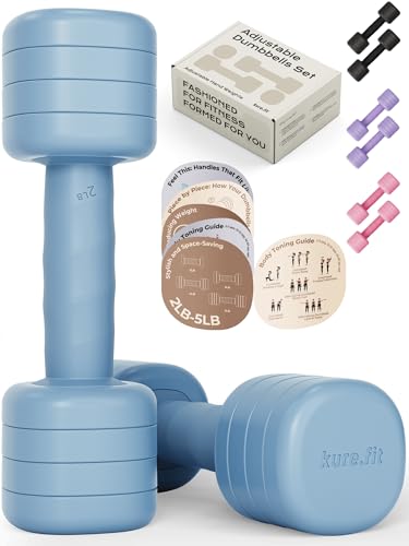 kure.fit Adjustable Dumbbell Set｜2LB 3LB 4LB 5LB Light Hand Weights for Women｜One-Twist Weight Adjustment｜Non-Slip Curved Grip Handle｜Free Weights for Home Gym, Rehab, Pilates, Yoga, Strength Training