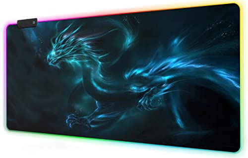 Meffort Inc RGB Gaming Mouse Pad - Extra Large XXL LED Gaming Mouse Mat with Custom Design Stitched Edges 35.4 x 15.7 Inches - Blue Dragon