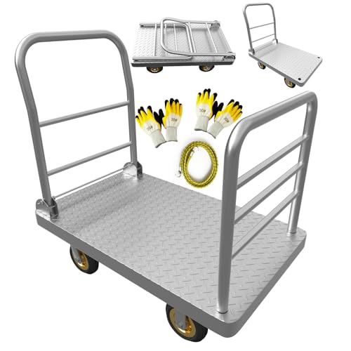 Lomive 2IN1 48"×24" Platform Truck Cart 2650lbs Heavy Duty Flatbed Cart Dolly w/Detachable Rear Guardrail and Swivel Casters, Push Cart, Work Gloves 2Pairs & 1 Bunge Cord Included