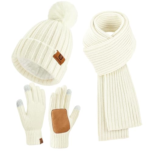 Uerymit Womens Winter Beanie Hat Scarf Gloves 3 Set Fleece Lined Beanie with Pom Pom Long Scarf Neck Warmer Touchscreen Gloves Gifts for Women Men White