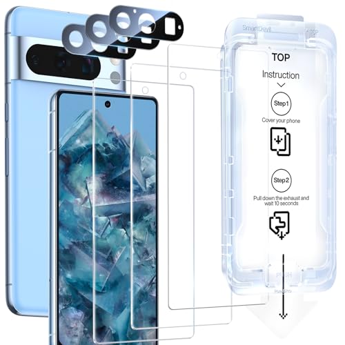 SMARTDEVIL [3+3 Pack Screen Protector For Google Pixel 8 Pro With Camera Lens Protector, FingerPrint Reader Compatible, Clear 9H Tempered Glass Film, Fast & Easy Installation, Alignment Frame