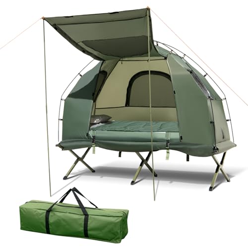 Tangkula 5-in-1 Tent Cot, 1 Person Camping Tent Combo with Awning, Air Mattress, Sleeping Bag, Air Pillow, Elevated Single Cot with Carrying Bag for Outdoor Hiking, Picnic, Travel